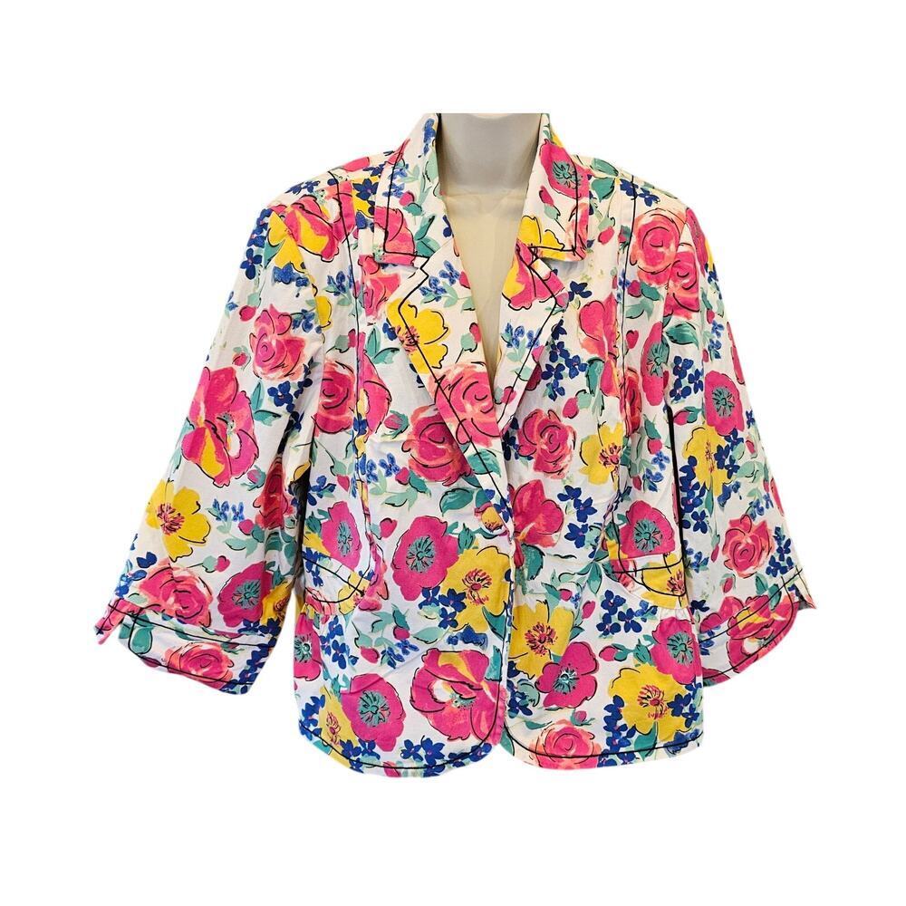 Investments II Jacket Pink Blue Multi Floral Collared Buttons Pockets Lined 22W#